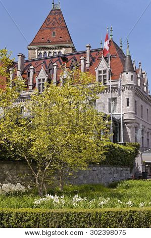 Street Lausanne In The Spring And Flower Beds. Travels In Europe And Rorism