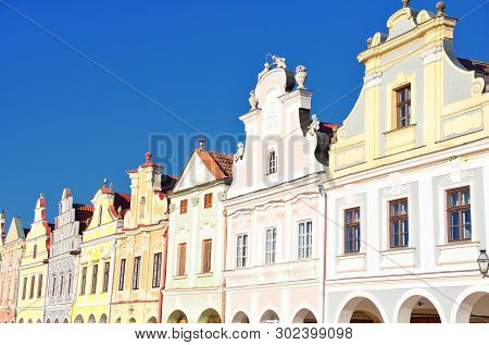 Detail Of An Old Renaisannce Houses In Telc Square. Telc Is Beautiful Unesco City In Czech Republic,