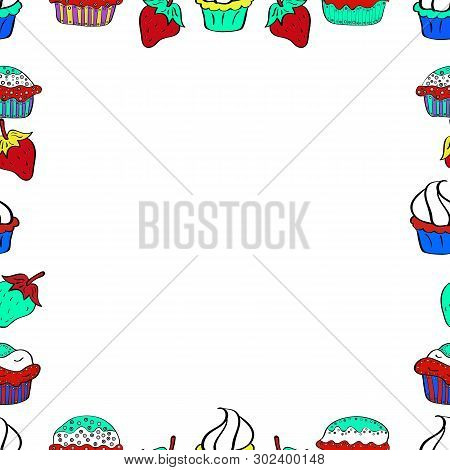 Seamless. Picture In Green, White And Red Colors. Foursquare Frames Doodles. Vector.