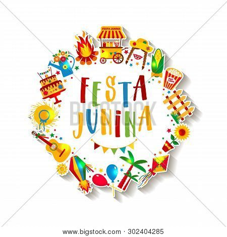 Festa Junina Village Festival In Latin America. Icons Set In Bri
