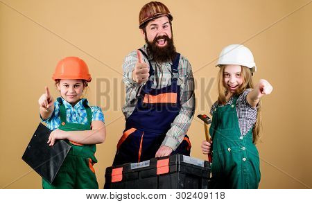Our Dad Has Skillful Fingers. Sisters Help Father Builder. Home Renovation. Create Room You Really W
