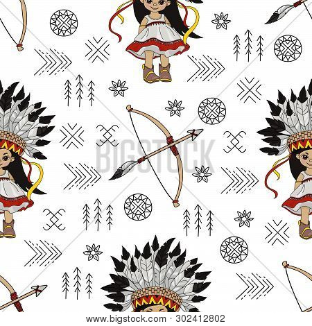 Pocahontas Arrow American Native Folk Ethnic Culture Seamless Pattern Vector Illustration For Print 
