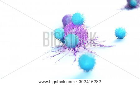 3d rendered medically accurate illustration of a cancer cell being attacked by leucocytes