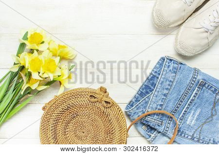 Fashionable Natural Organic Round Rattan Bag, Denim Shorts, Beige Women's Espadrilles, Yellow Narcis