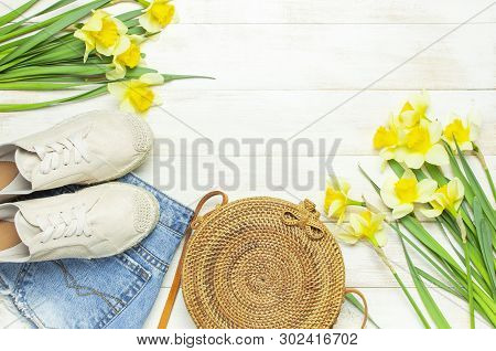 Fashionable Natural Organic Round Rattan Bag, Denim Shorts, Beige Women's Espadrilles, Yellow Narcis