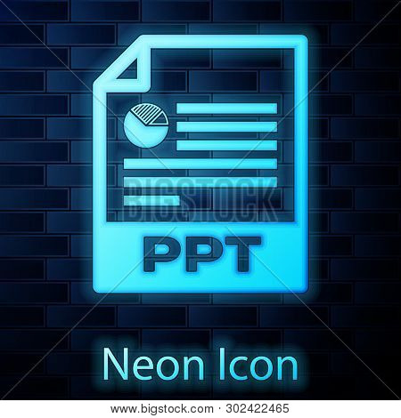 Glowing Neon Ppt File Document Icon. Download Ppt Button Icon Isolated On Brick Wall Background. Ppt