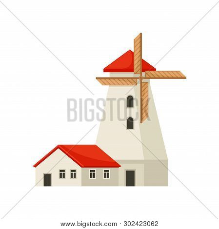 White Stone Mill With A Red Roof. Vector Illustration On White Background.
