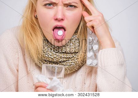 Drink Plenty Of Fluids. Breaking Fever Concept. Girl Take Medicine To Break Fever. Headache And Feve