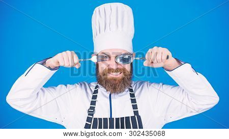 Cooking Process Concept. Lets Try Dish. Hungry Chef Ready To Try Food. Time To Try Taste. Chef Happy