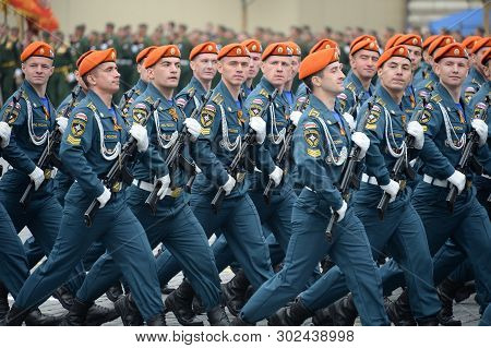 Moscow, Russia - May 9, 2019: Cadets Of The Academy Of Civil Protection Of Emercom Of Russia During 