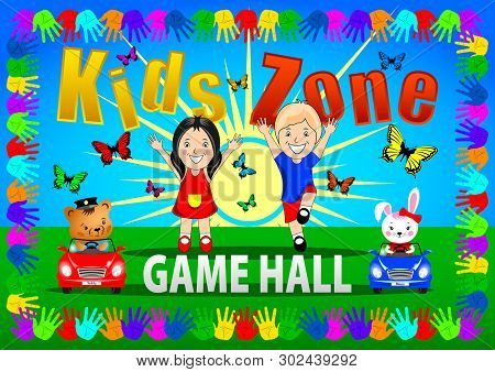 Kids Zone Banner, Poster. Girl, Boy With Bunny And Taddy Toys Cars On A Bright  Background, Frame Co