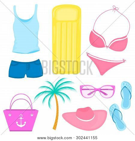A Set Of Summer Accessories For A Beach Holiday. Swimsuit, T-shirt, Panama, Air Mattress, Bag, Short