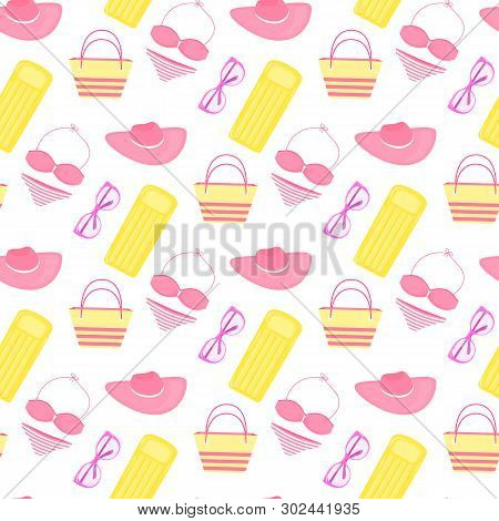 Swimsuit, Inflatable Lounge, Bag, Panama, Sunglasses. Beach Accessories. Summer Seamless Pattern. Us