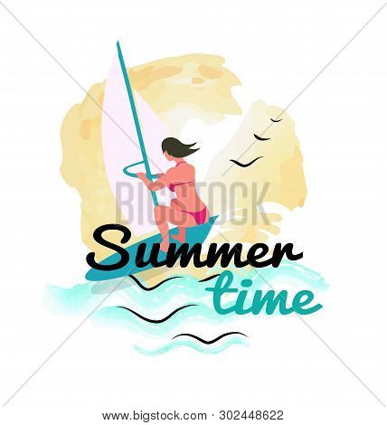 Summer Time Vector, Person Having Fun By Seaside, Sea And Seagulls Flying At Sky. Sporting Lady Woma