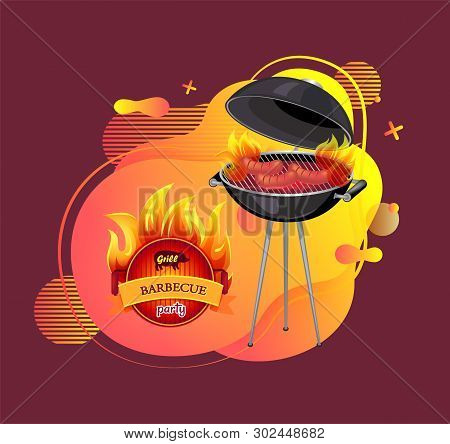 Picnic With Cooking Sausages Bagels Vector, Barbeque Party Outdoors, Mangal With Roasting Meal, Food