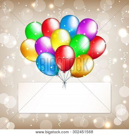 Party Background With Colorful Balloons And Label. Happy Birthday Golden Card With Place For Text. M