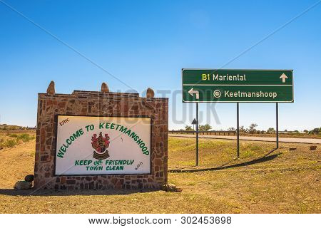 Welcome To Keetmanshoop Road Sign Situated Along The B4 National Road In Namibia.