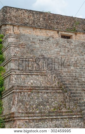 Maya Temple, With Its High Stairs, In The Archeological Area Of Uxmal, In The Mexican Peninsula Of Y