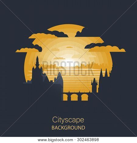 Cityscape Vector Illustration. Silhouette Of Prague.sunset Time Cityscape In Flat Style.