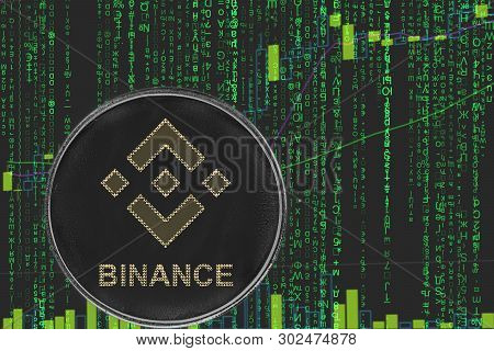 Token Bnb Binance  Cryptocurrency On The Green Matrix Background Of Binary Crypto Price Chart.
