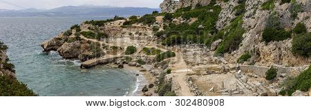 Hellenistic Stoa. The Sanctuary Of The Goddess Hera Akraia In A Small Cove Of The Corinthian Gulf (a