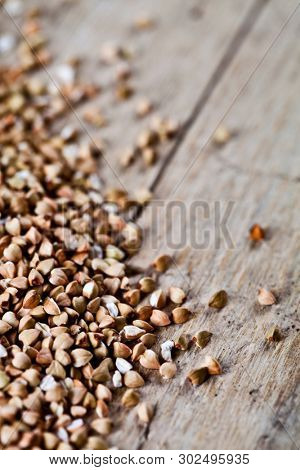 Fresh green dry buckwheat seads closeup on rustic wooden background. Buckwheat texture with copy space.