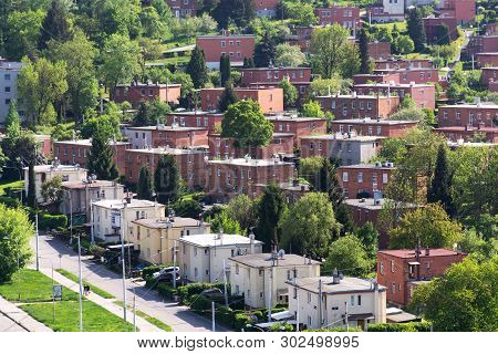 Typified Red Brick Family Bata Houses In Zlin, Moravia, Czech Republic, Sunny Summer Day, Aerial Vie