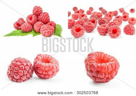 Collage Of Raspberry Fruit Isolated On A White Background With Clipping Path