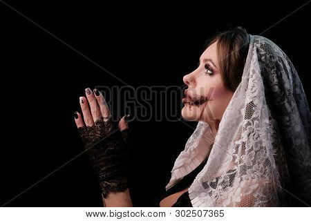 A Beautiful Girl In A Terrible Nuns Costume Folded Her Arms As If She Were Reading A Prayer. Woman P