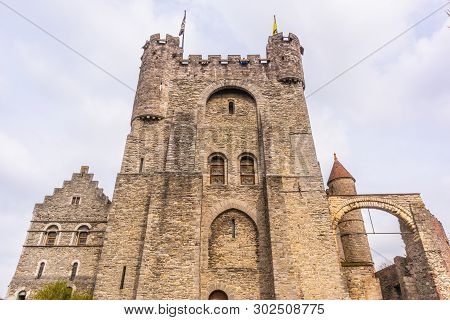 Ghent, Belgium - April 6, 2019: Gravensteen. Medieval Castle At Ghent, Belgium