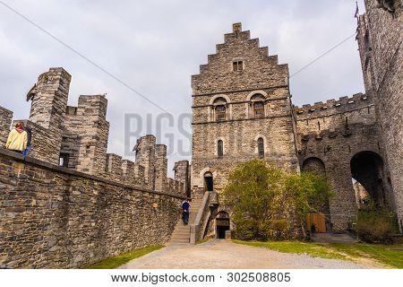 Ghent, Belgium - April 6, 2019: Gravensteen. Details Inside The Castle. Medieval Castle At Ghent, Be