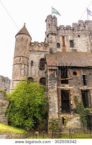 Ghent, Belgium - April 6, 2019: Gravensteen. Details Inside The Castle. Medieval Castle At Ghent, Be