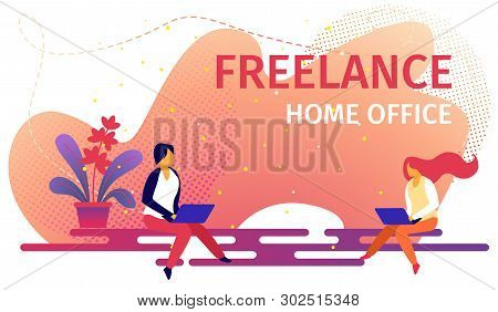 Freelance Home Office Horizontal Banner. Freelancer Man And Woman Working By Laptop. Successful Male