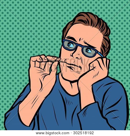 A Man Picks A Toothpick In His Teeth. Comic Cartoon Pop Art Retro Illustration Drawing