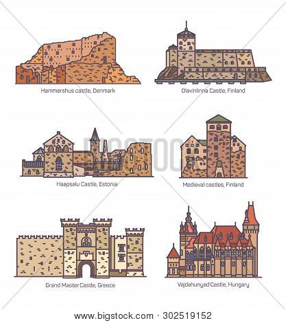 Set Of Isolated Line Castles And Architecture