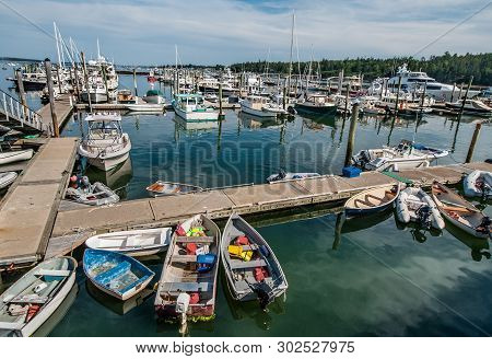 Maine Marina:  Boats Of Many Types Large And Small Gather At A Marina In Southeast Maine.