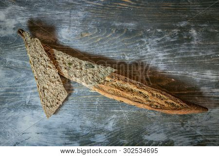 Traditional French Baguette, A Ficelle Flute Type, Half Sliced In Toast Cut, It Is A Thin Version Wi