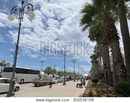 Larnaka, Cyprus - May 11, 2019: Finikoudes Embankment On The Mediterranean Coast In Larnaka
