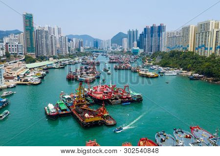 Aberdeen, Hong Kong 12 May 2019: Aerial view of Hong Kong typhoon shelter in aberdeen