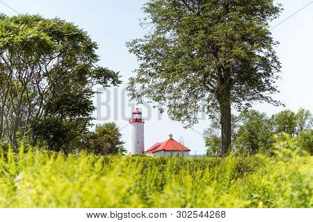 A Red Roofed Lighthouse Framed By Trees