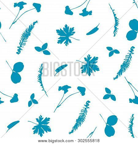 Vector Cute Cyanotype Seamless Flower Pattern. Big Set Of Cyanotype Floral Elements. Can Be Used For
