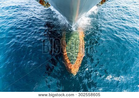 Foremost Part Of The Warship Sailing In The Sea That Show Bulbous Bow, Stem And Anchores Hanging At 
