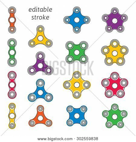 Set Of Fidget Hand Spinner Icons With Editable Stroke. Two, Three, Four, Five Arms Toys For Stress R