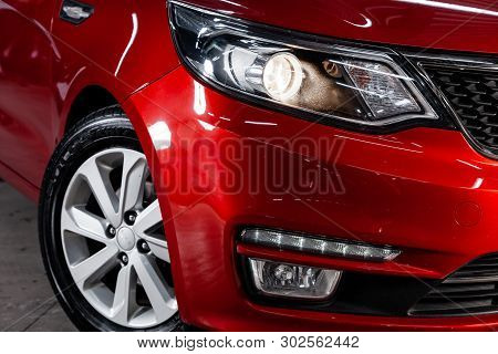 Novosibirsk, Russia - May 20, 2019:  Kia Rio, Close-up Of The Headlights. Photography Of A Modern Ca