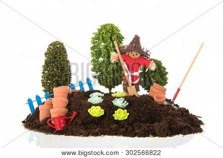 Vegetable garden with scare crow isolated on white background