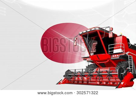 Digital Industrial 3d Illustration Of Red Advanced Farm Combine Harvester On Japan Flag - Agricultur