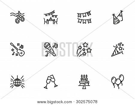 Celebration Party Line Icon Set. Ribbon Cutting, Cake With Candles, Cracker. Holiday Concept. Can Be