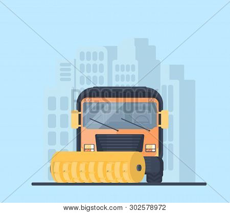 Road Cleaner Car In City. Street Sweeper. Machine For Highway Service