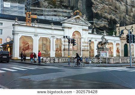 Salzburg, Austria - October 29, 2018: Horse Pond At The Herbert Von Karajan Platz Or Karajan Square 