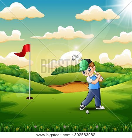 Joyful A Boy Playing Golf In The Court